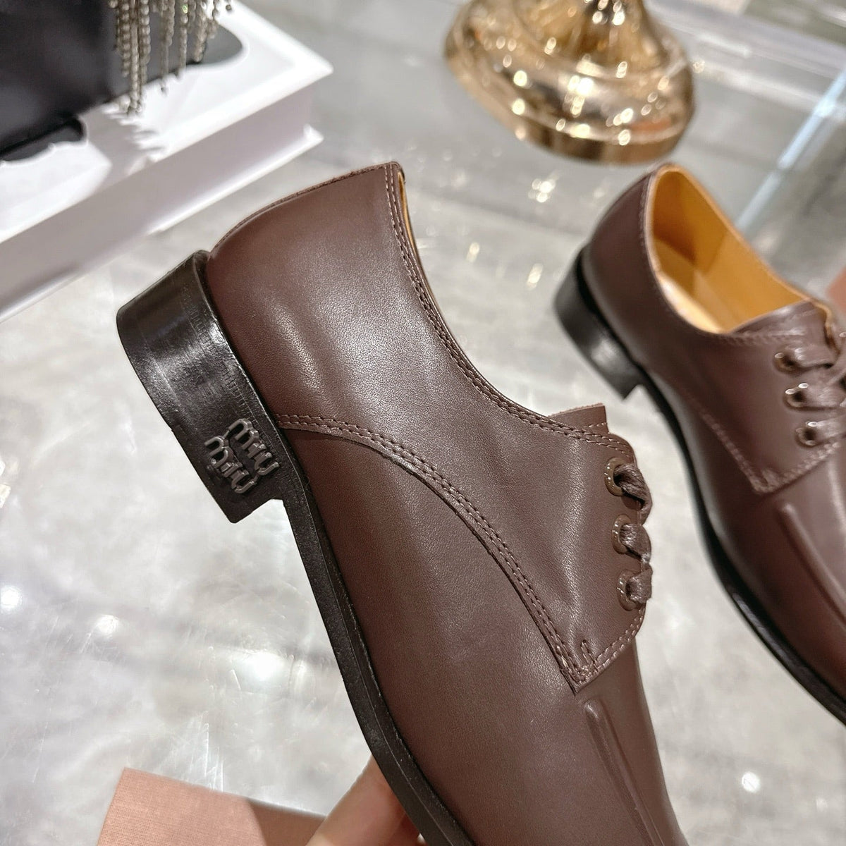 Miu Distressed Loafers Brown Cowhide 592058