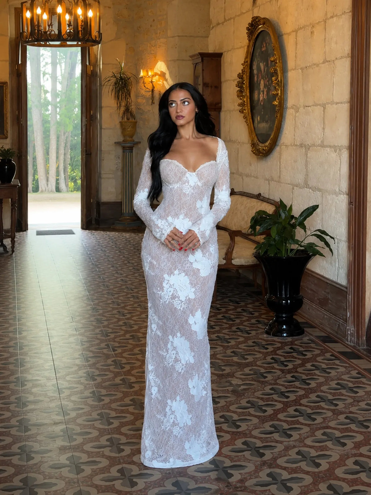 Vivienne Floral Lace Mermaid Maxi Dress in White