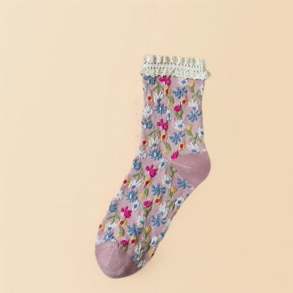 Rufia - Lace-Trim Vintage Floral Relief Socks