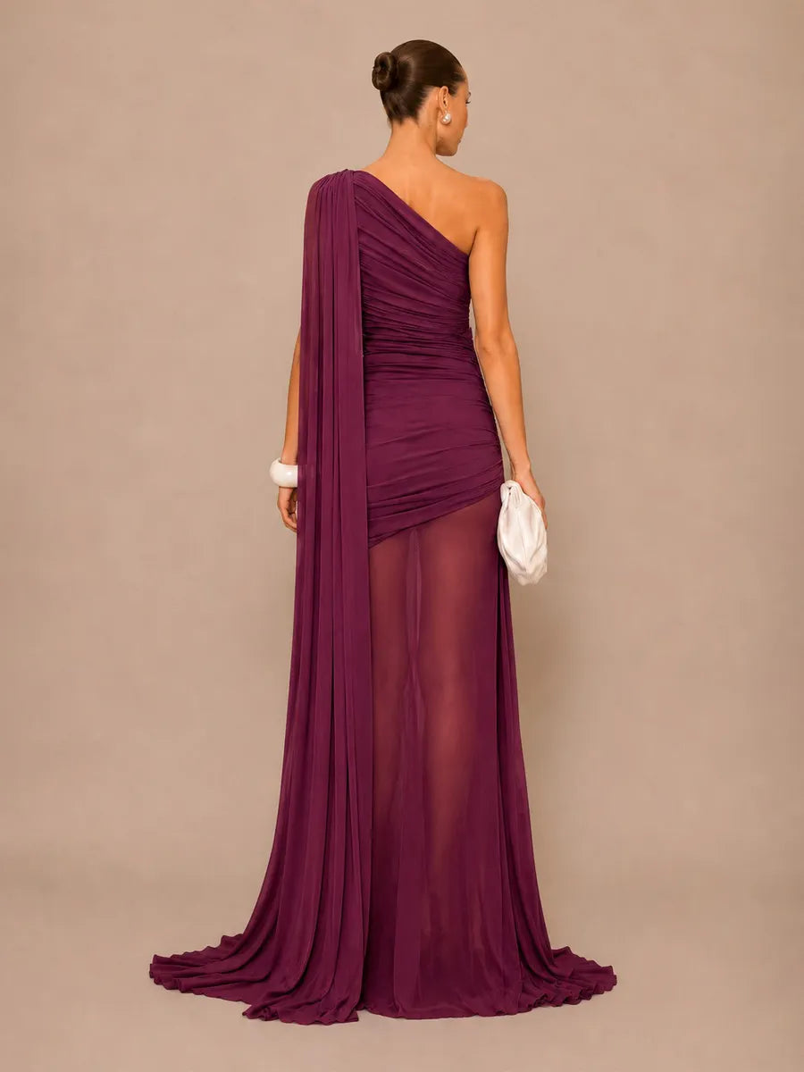 Isla One-Shoulder Cape Maxi Dress with Mesh Paneling