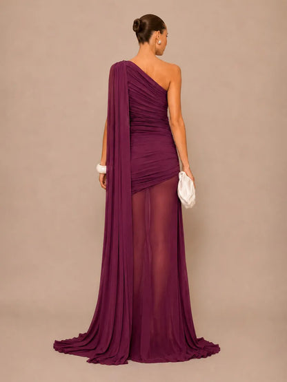 Isla One-Shoulder Cape Maxi Dress with Mesh Paneling