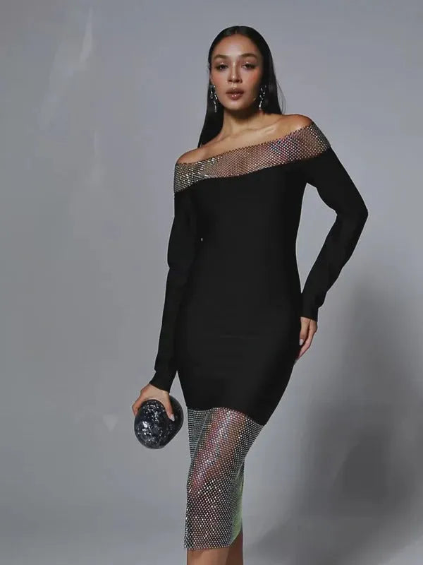 Akuna Off Shoulder Crystal Bandage Midi Dress