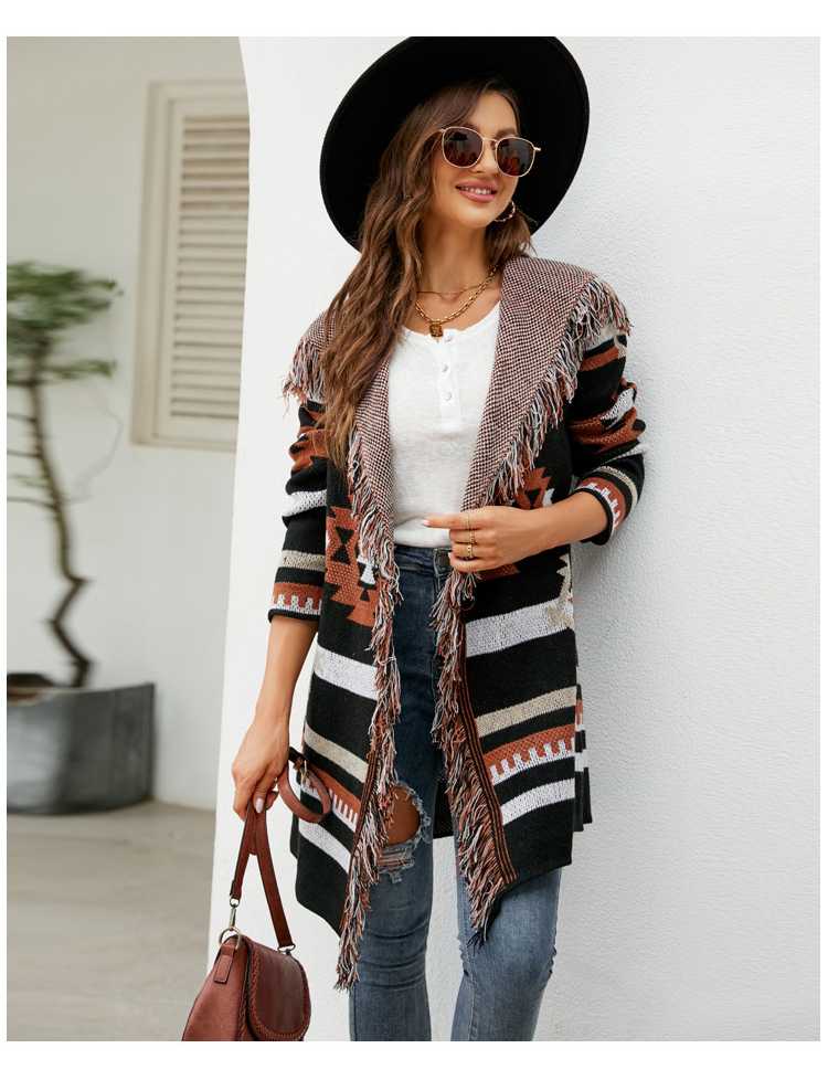 Autumn And Winter Loose Hooded Long Sweater Coat Tassel Geometric Jacquard Sweater Cardigan