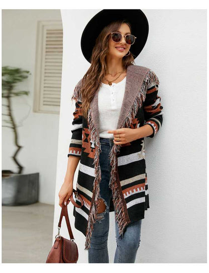 Autumn And Winter Loose Hooded Long Sweater Coat Tassel Geometric Jacquard Sweater Cardigan