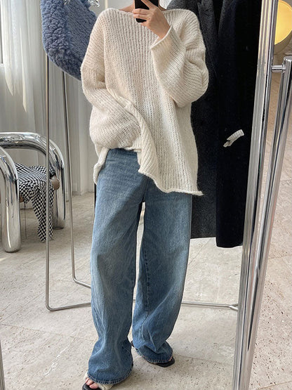 Casual Loose Long Sleeves Split-Side Solid Color High-Neck Sweater Tops