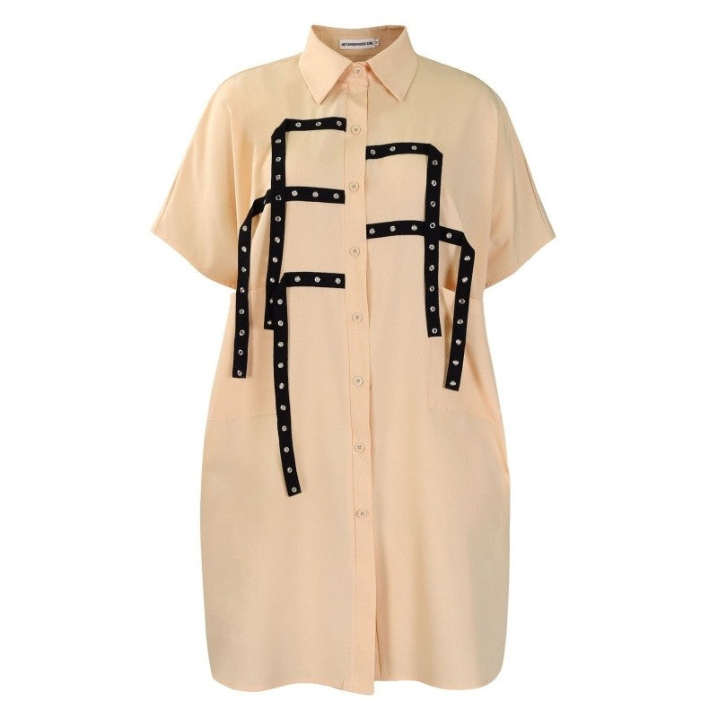 Loose Collar Short Sleeve Midi Shirt Dress