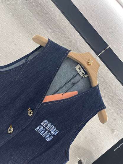 MIUMIU V-NECK BLAZER AND WIDE-LEG PANTS IN BLUE DENIM