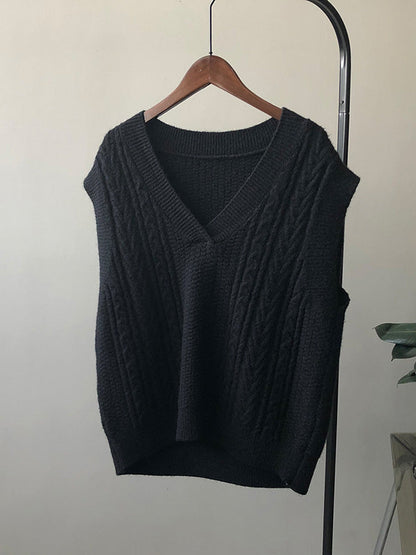 Casual Loose Sleeveless Jacquard Solid Color V-Neck Sweater Vest Outerwear