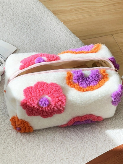 Cosbai - Floral Tweed Zipper Makeup Bag with Handles