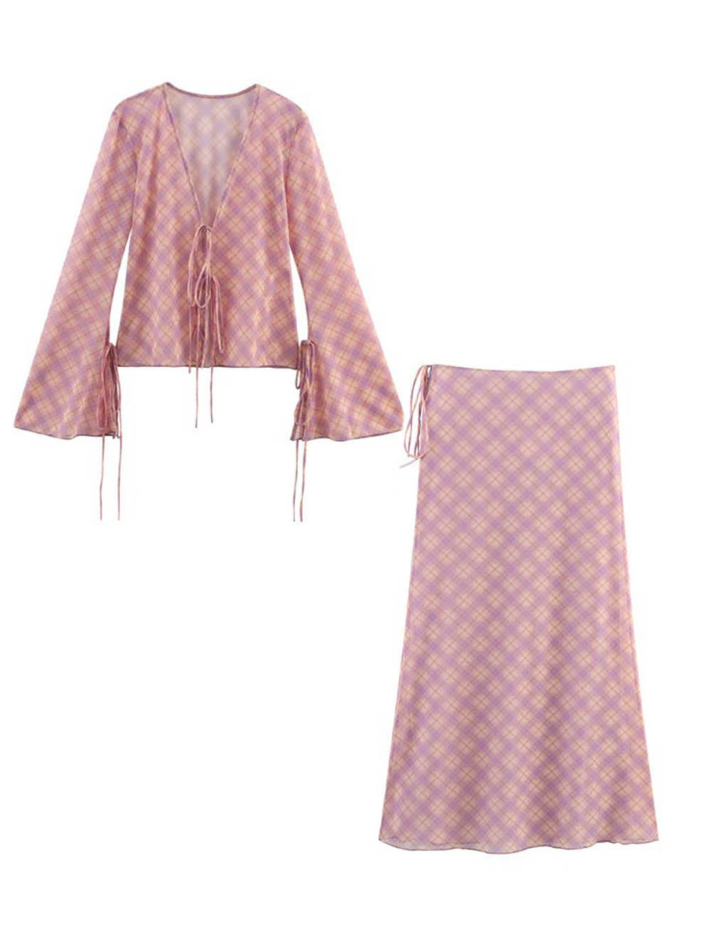 Elegant Printed Plaid Top and Skirt Sets