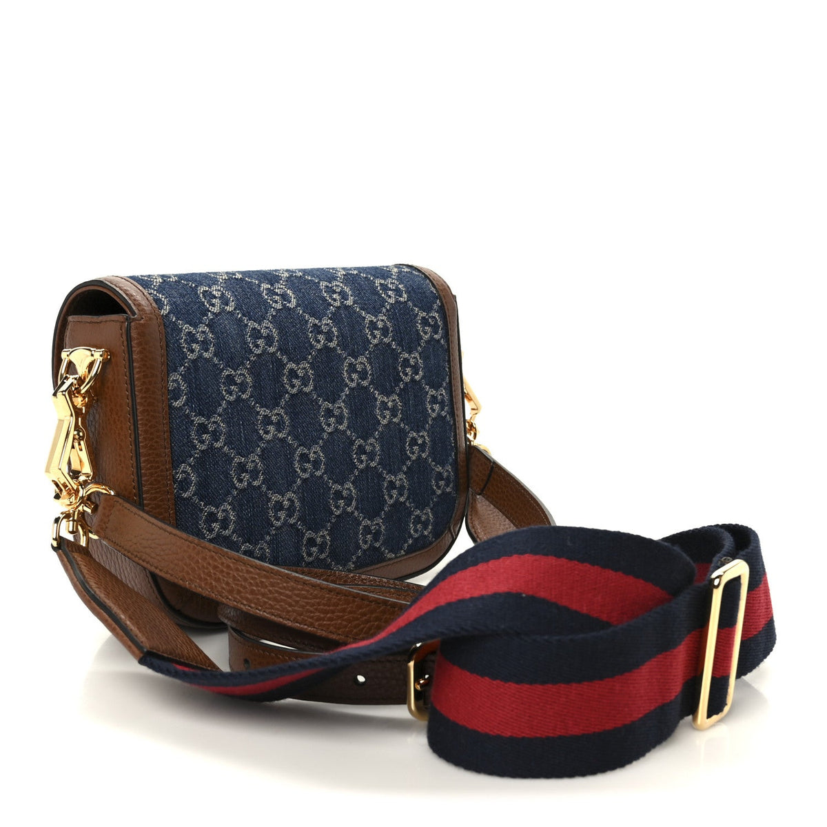 New Denim GG Monogram Dollar Calfskin Web Mini Horsebit 1955 Shoulder Bag Blue Tea Cuir Epilog