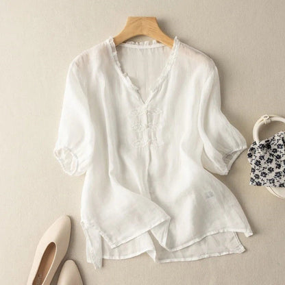 Women's Organic Cotton  V-Neck Short Sleeve Loose Shirt