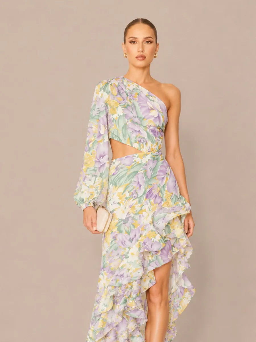 Cassidy Floral Asymmetric One-Shoulder Ruffled Maxi Dress
