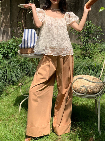 High Waisted Wide Leg Pleated Solid Color Casual Pants Bottoms Flared Trousers