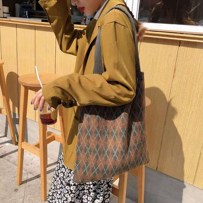 Crochet Tote Bag Vintage Diamond Woven Wool Bag