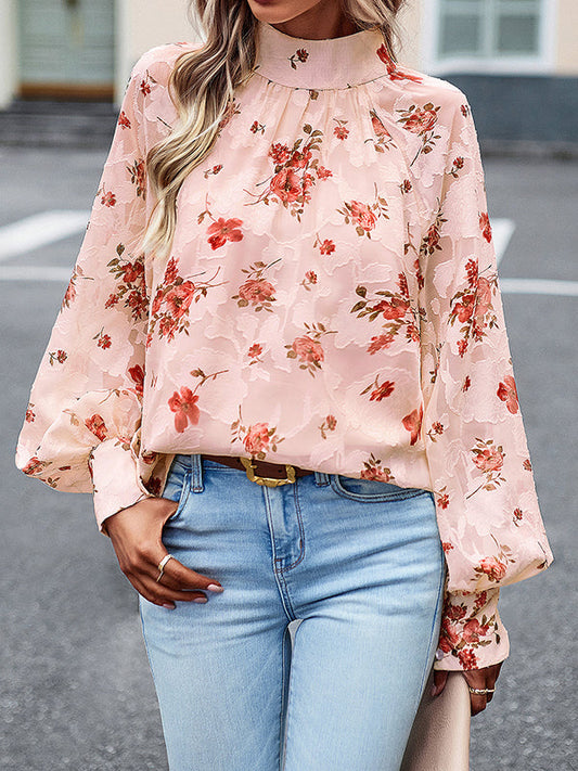 Long Sleeves Loose Flower Print Tied Mock Neck Blouses&Shirts Tops