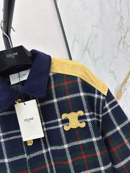 Celine Blouson Triomphe Bomber Jacket Blue Wool and Suede