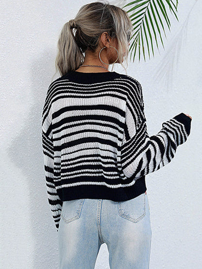 Urban Contrast Color Striped Round-Neck Sweater