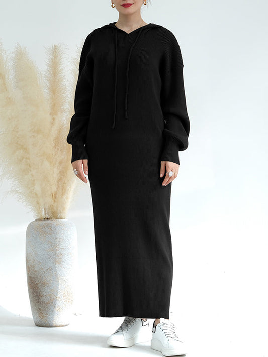 Solid Color Loose Long Sleeves Hooded Sweater Maxi Dresses