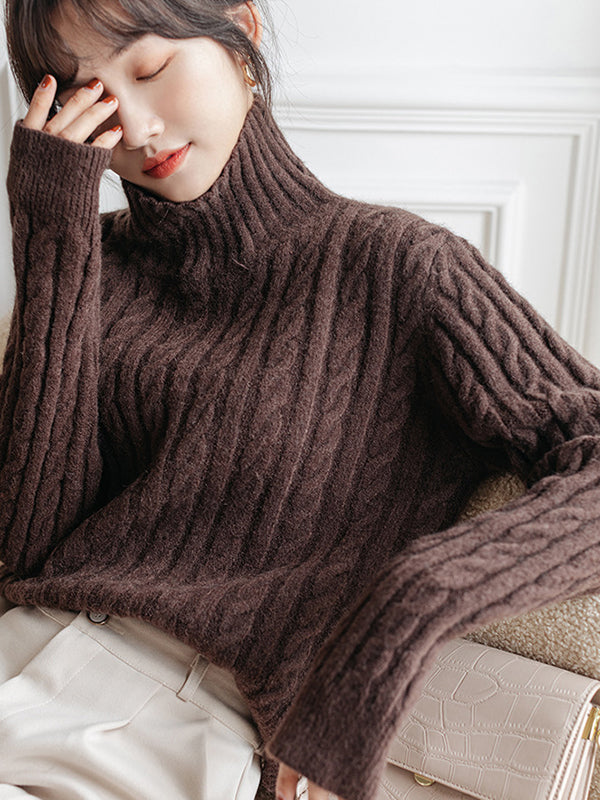 Casual Long Sleeves Loose Solid Color High-Neck Sweater Tops