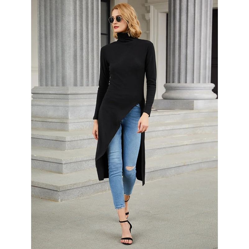 Skinny Solid Color Split-Side High-Neck T-Shirts Tops