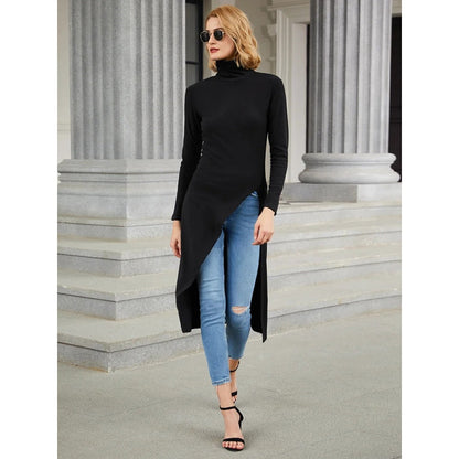 Skinny Solid Color Split-Side High-Neck T-Shirts Tops