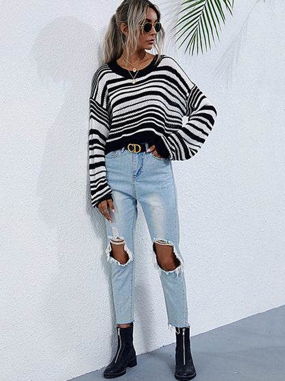 Urban Contrast Color Striped Round-Neck Sweater