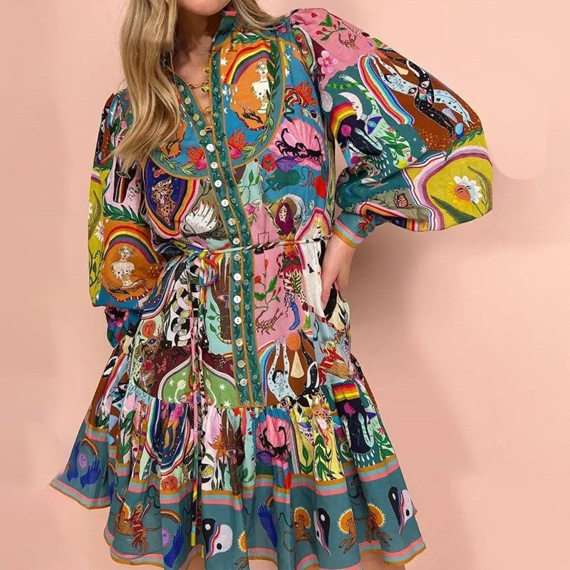Floral Round Neck Cinched Waist Tie Ruffle Hem Dress