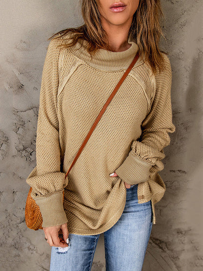 Long Sleeves Loose Solid Color Split-Joint Split-Side Round-Neck Pullovers Sweater Tops