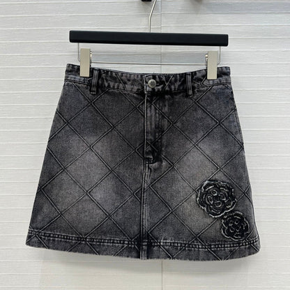 CC Flower Denim Skirt Black Cotton