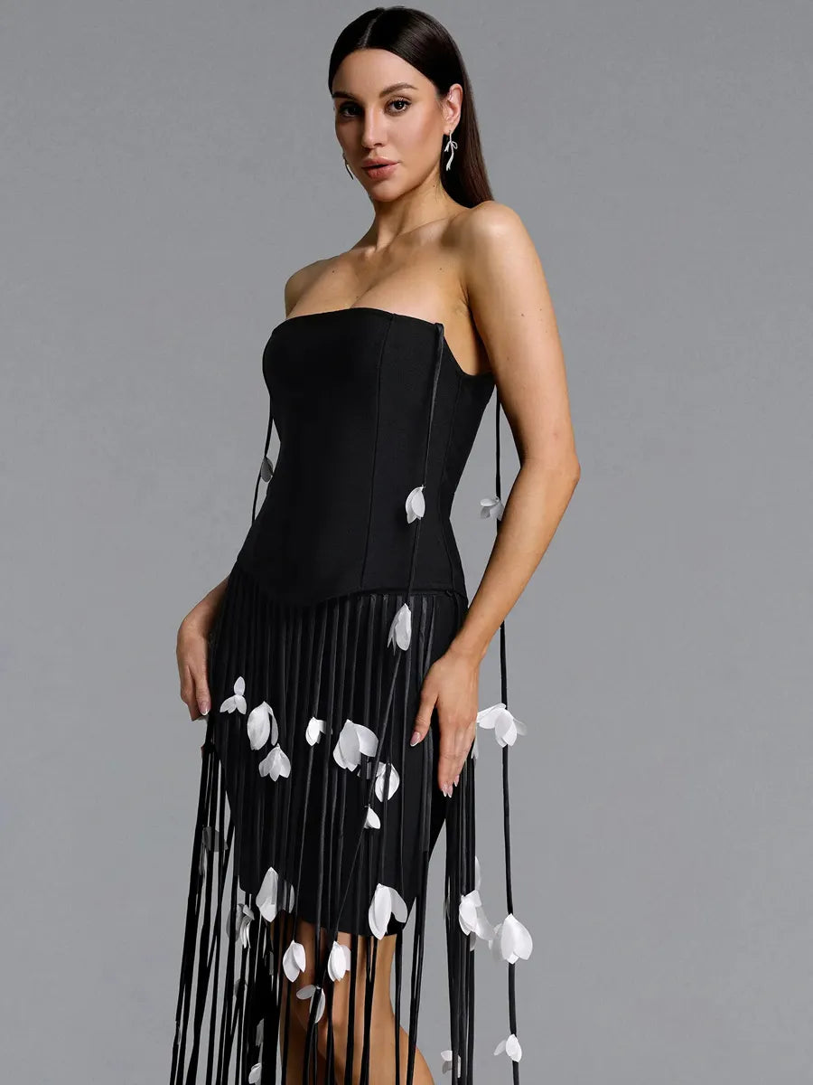 Arielle Strapless Leaf Fringe Bandage Mini Dress
