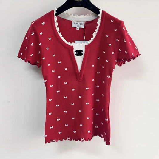Chanel 2026 V-neckline With Scalloped Trim Shirt White and Red Wool