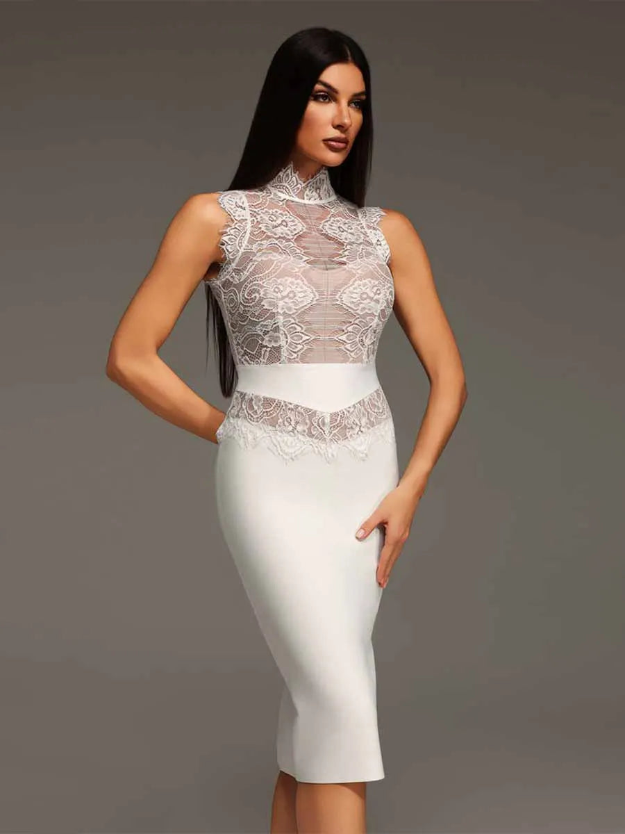 Delilah Stand Collar Lace Bandage Mini Dress