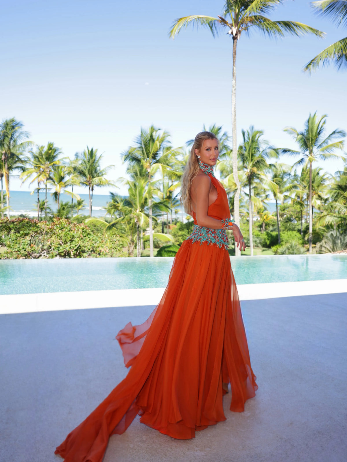 Maraya Halter Beaded Chiffon Maxi Dress In Orange
