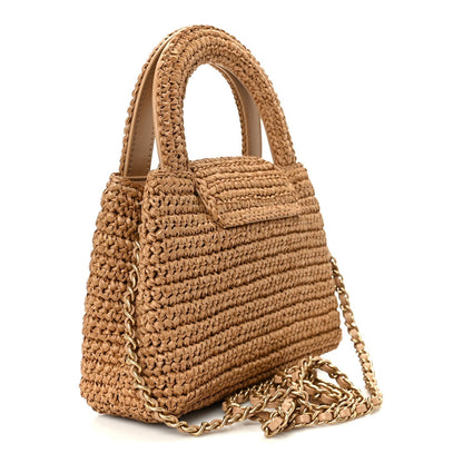 Braided Raffia Nano Kelly Flap Bag Dark Beige