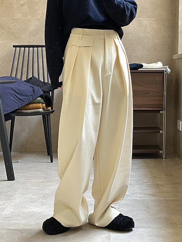 Loose Pleated Solid Color Casual Pants Bottoms