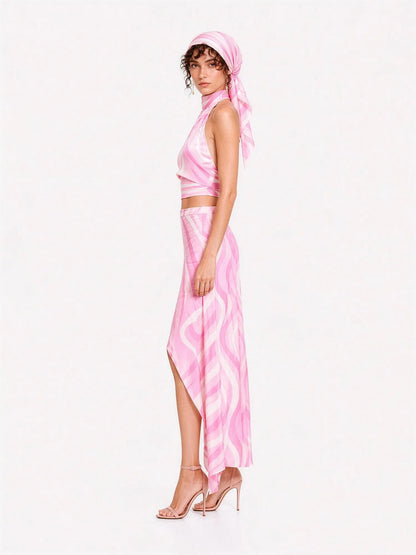 Delilah Printed Satin Maxi Skirt Set with Headscarf