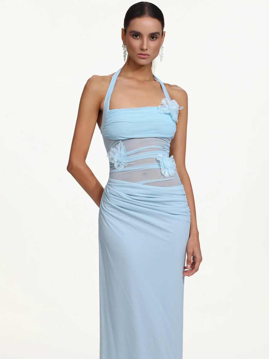 Cerys Romantic Contour Halter Ruched Floral Maxi Dress