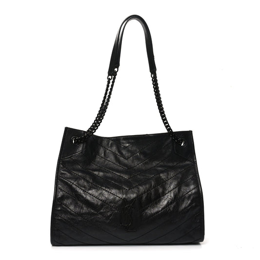Crinkled Calfskin Matelasse Monogram Medium Niki Shopper Tote Black