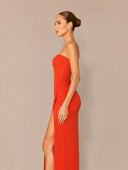 Calista Minimalist Strapless Maxi Dress with Slit