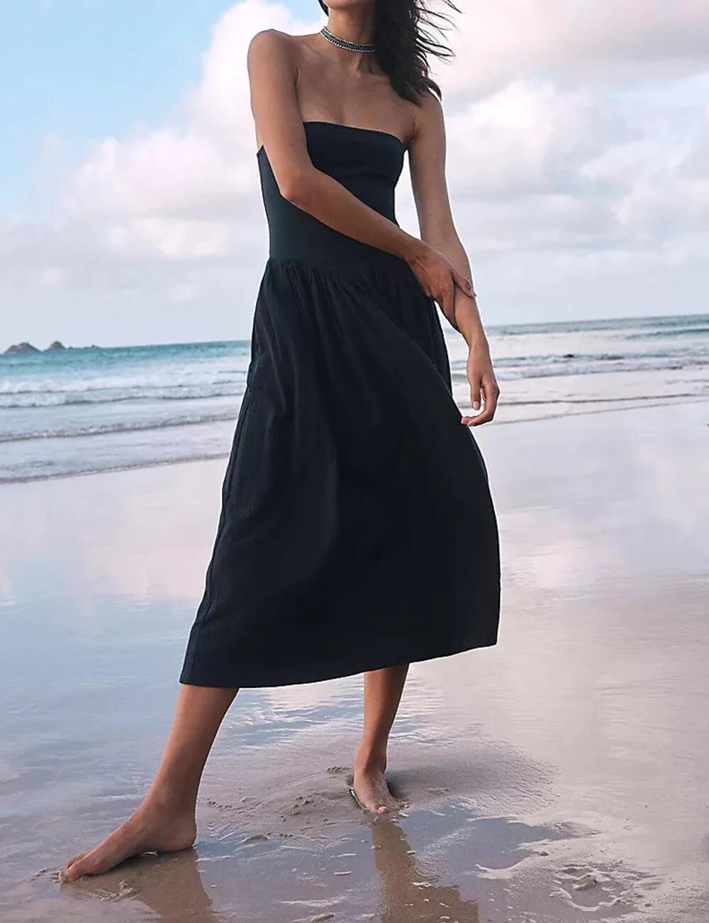 Solid Color Strapless Long Dress