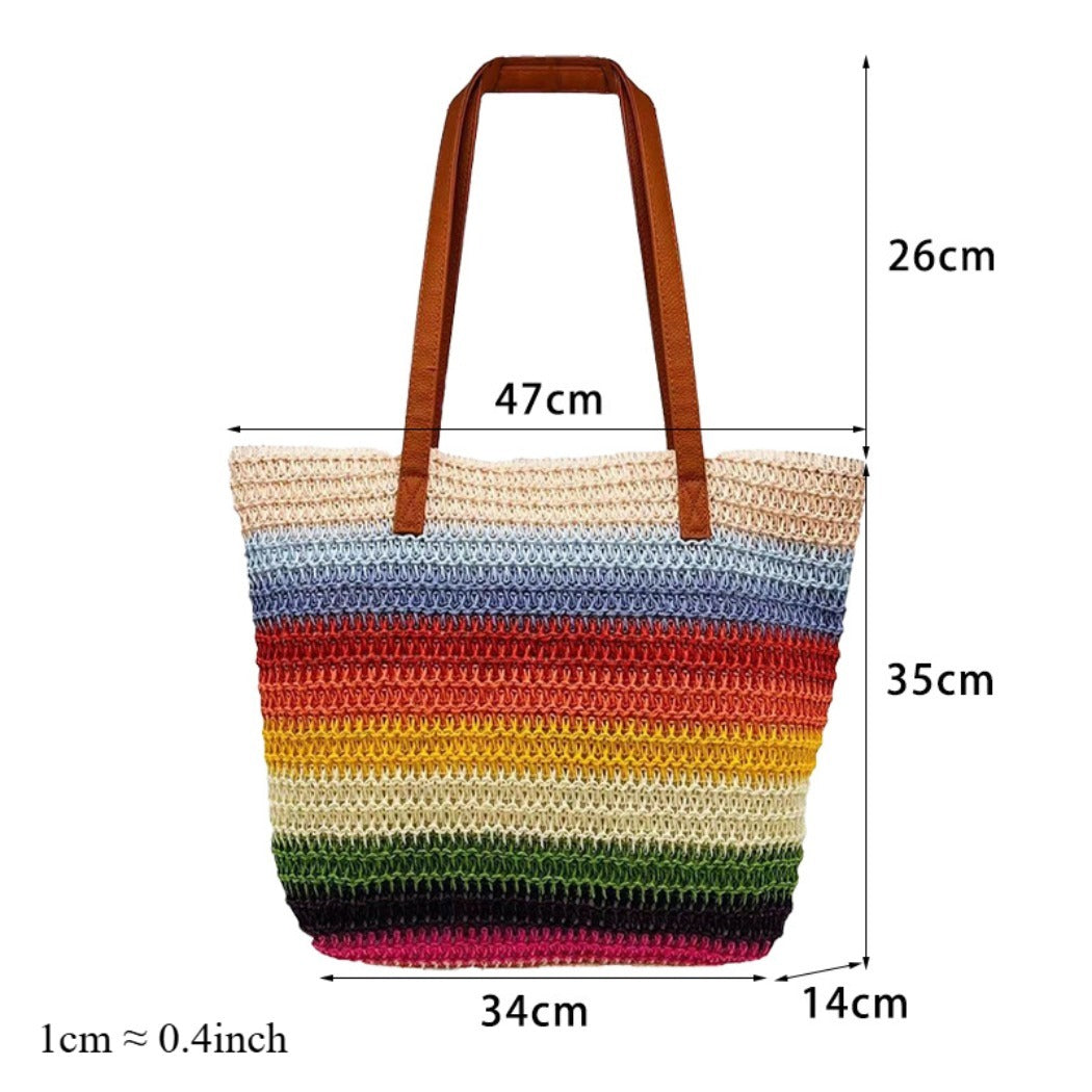Cosbai - Colorblock Striped Crochet Tote Bag - Large &amp; Classic