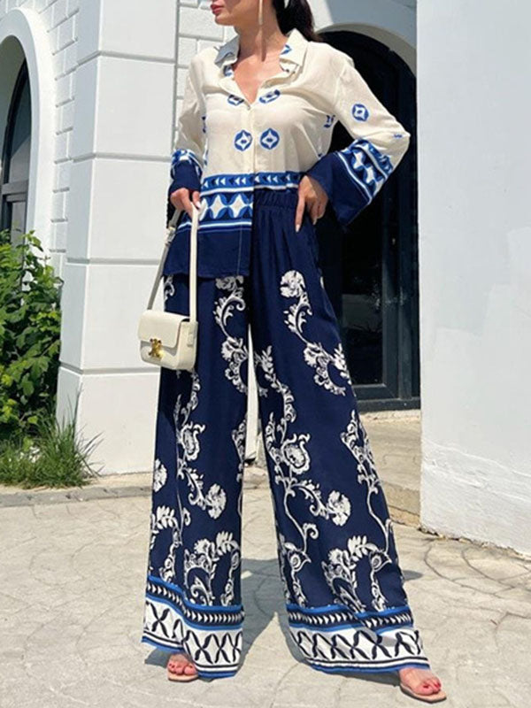 Loose Buttoned Long Sleeves Lapel Blouses & Printed Casual Pants Suits