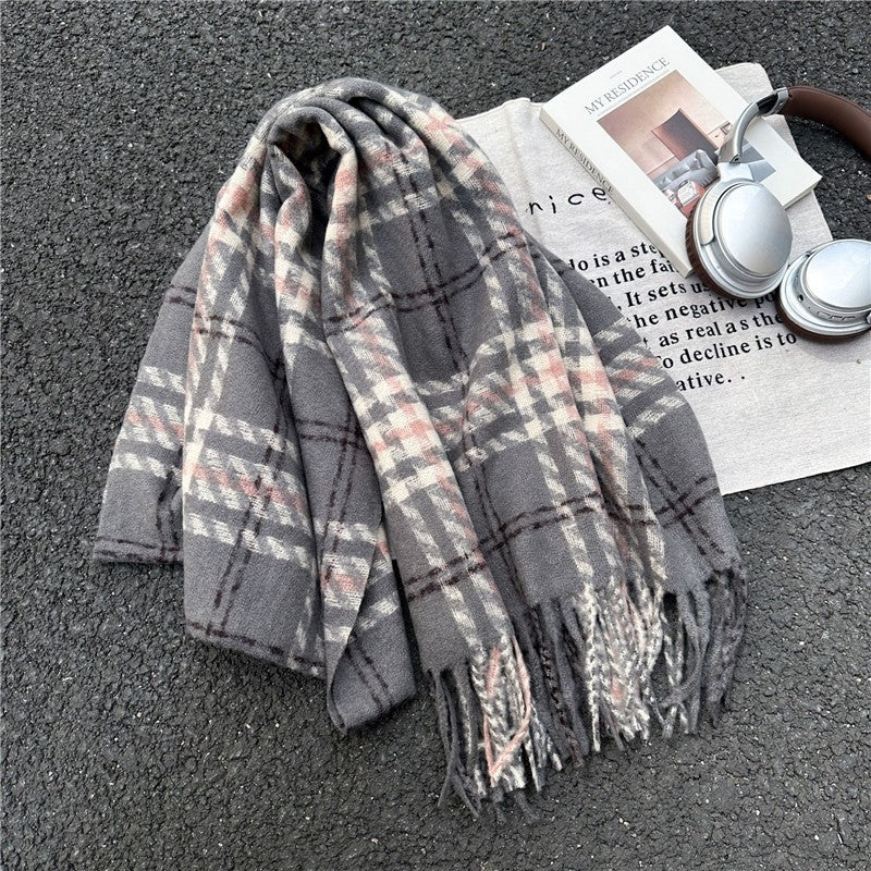 Color Block Plaid Fringe Scarf