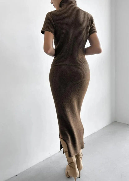 Two Piece Knit Set With Mock Neck And Skirt