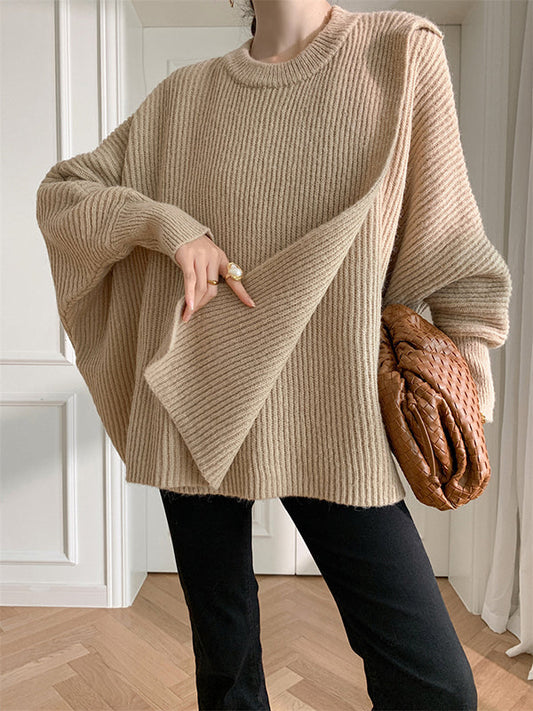 Irregularity Loose Solid Color Batwing Sleeves Round-Neck Sweater Tops