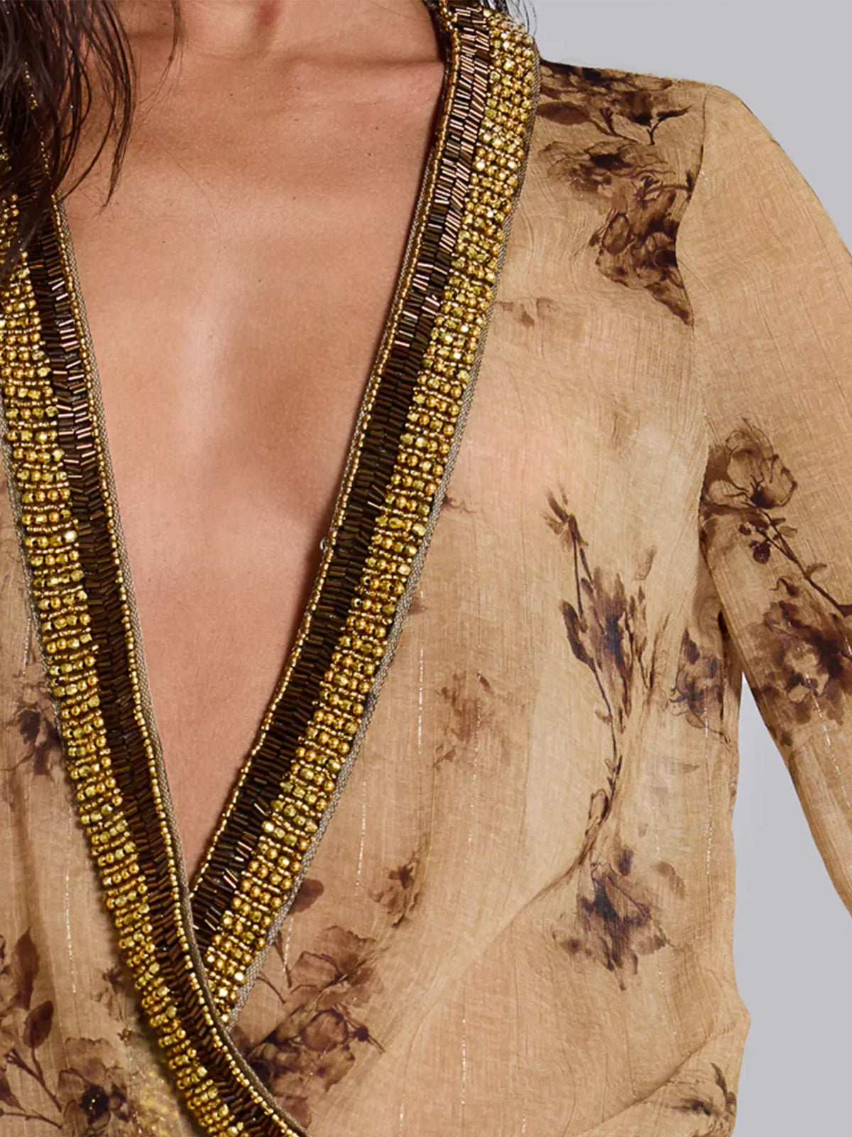 Sienna Floral Beaded Wrap Mini Dress in Khaki