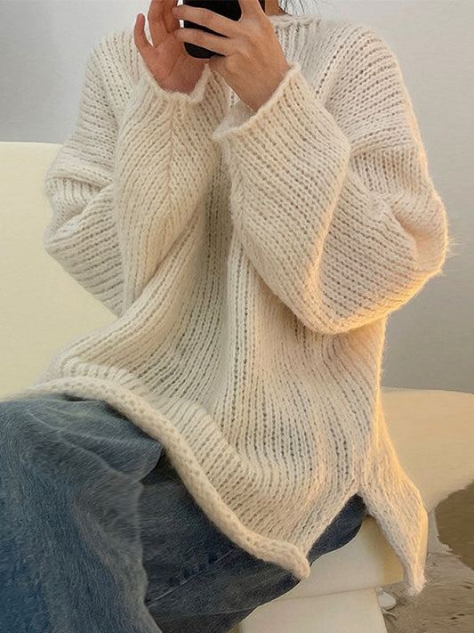 Casual Loose Long Sleeves Split-Side Solid Color High-Neck Sweater Tops