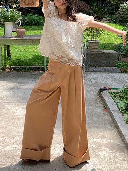 High Waisted Wide Leg Pleated Solid Color Casual Pants Bottoms Flared Trousers