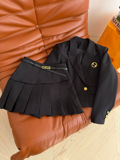 GG SS26Cropped Blazer Pleated Mini Skirt Set Black Cotton 347123